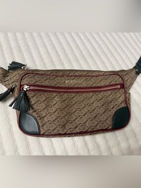 MZ Wallace Brown Signature Logo Belt Bag with Black Trim and Burgundy Piping
